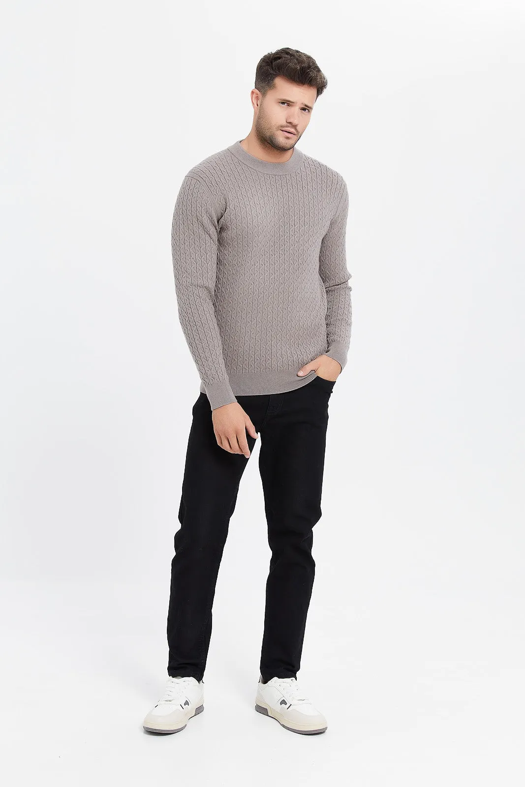 Men Taupe Cable Knit Sweater