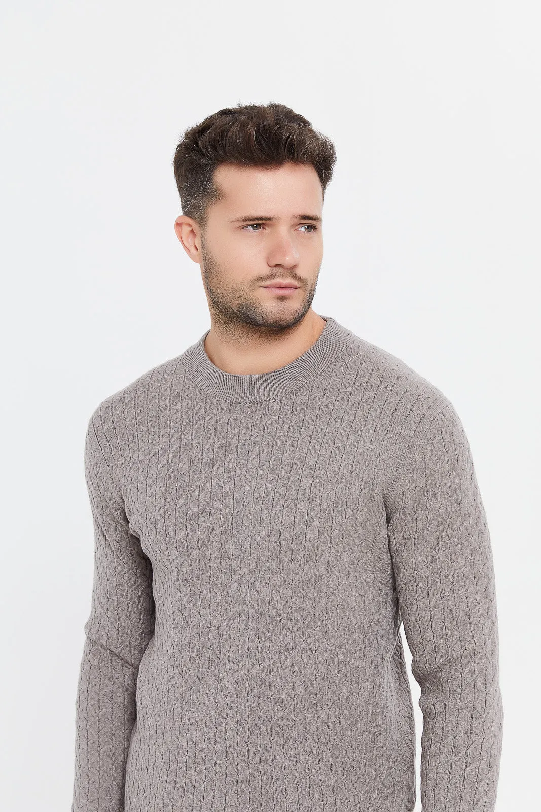 Men Taupe Cable Knit Sweater