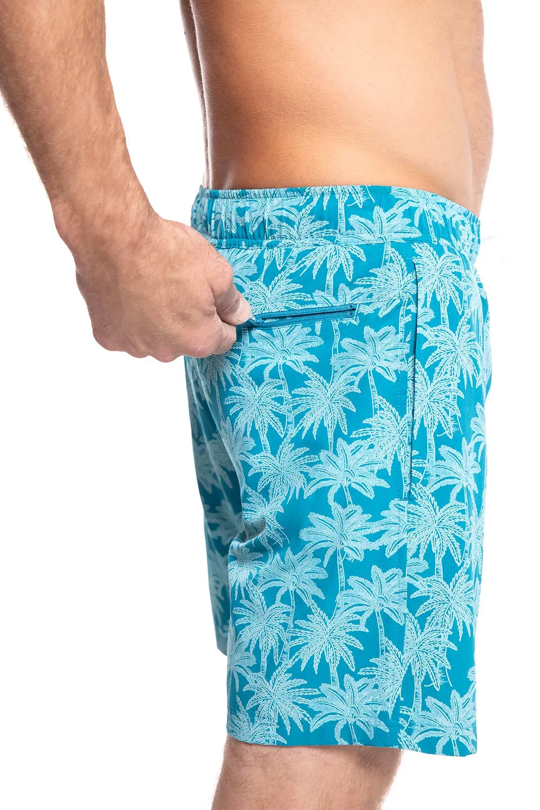 Men's Kahuna Swimming Shorts | Tahitian Teal Swaying Palms