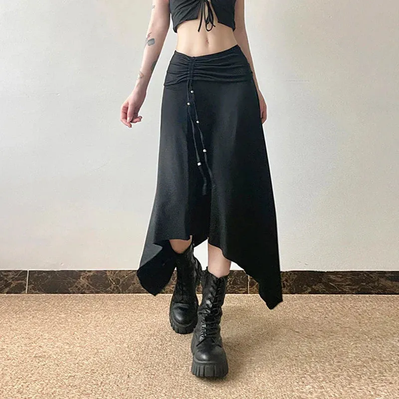 Metaversmall Gothic Dark Harajuku Asymmetrical Maxi Skirt Beading Drawstring Folds Autumn Women Skirts Long Korean Party Clothing