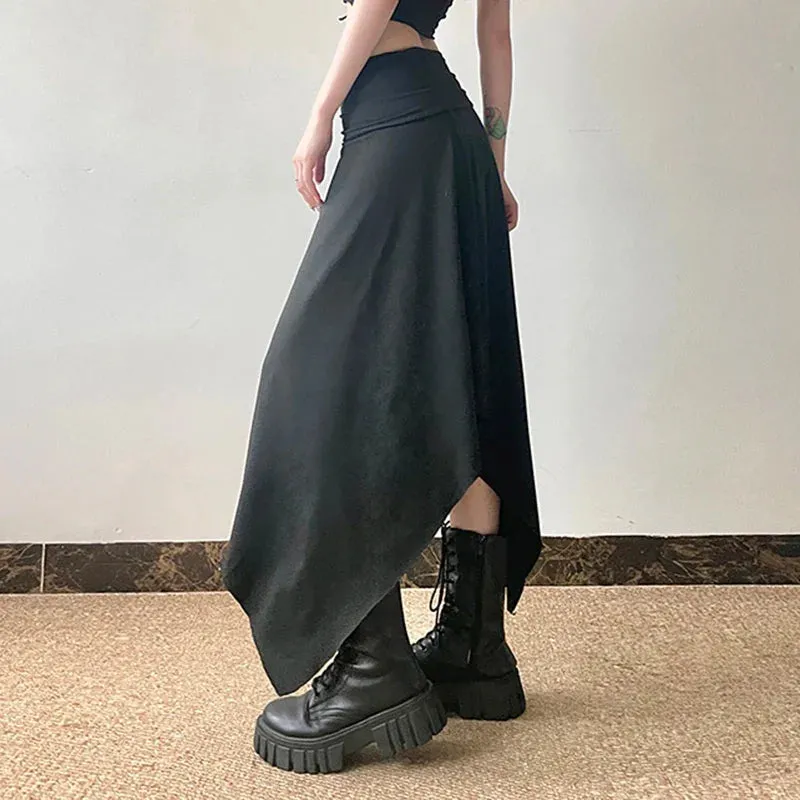 Metaversmall Gothic Dark Harajuku Asymmetrical Maxi Skirt Beading Drawstring Folds Autumn Women Skirts Long Korean Party Clothing