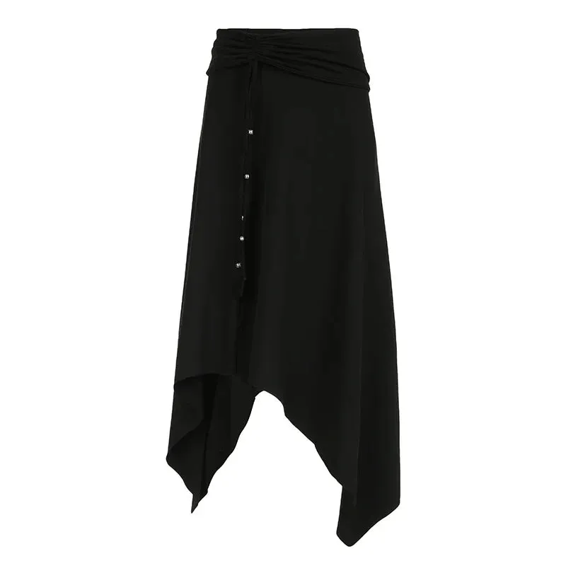 Metaversmall Gothic Dark Harajuku Asymmetrical Maxi Skirt Beading Drawstring Folds Autumn Women Skirts Long Korean Party Clothing