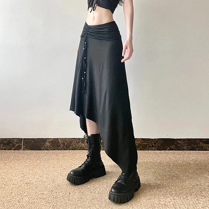 Metaversmall Gothic Dark Harajuku Asymmetrical Maxi Skirt Beading Drawstring Folds Autumn Women Skirts Long Korean Party Clothing