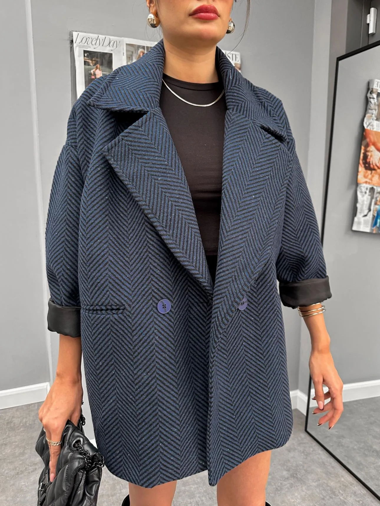 Navy Blue Oversize Herringbone Coat