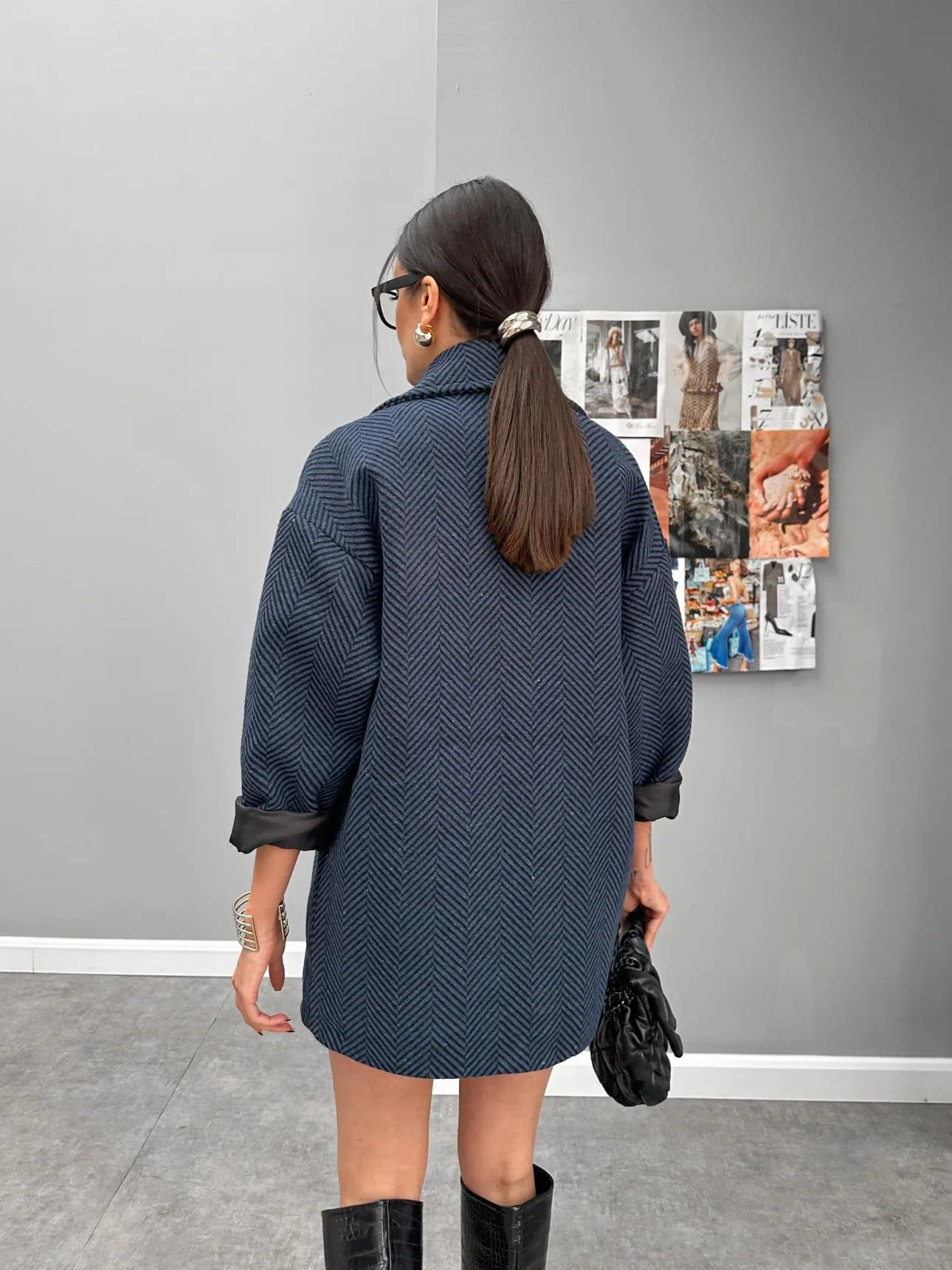 Navy Blue Oversize Herringbone Coat