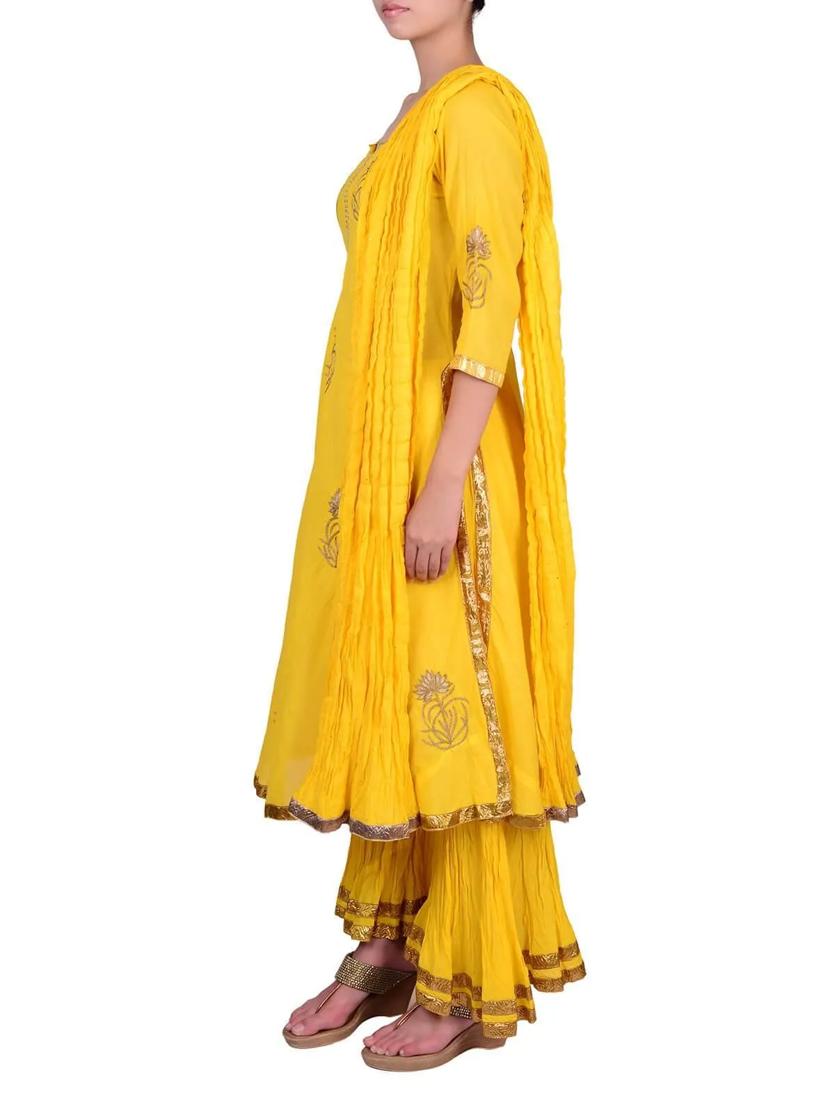 Nazar By Indu Abbot - Marigold Yellow Kalamkari Embroidered Kurta With Sharara Pants