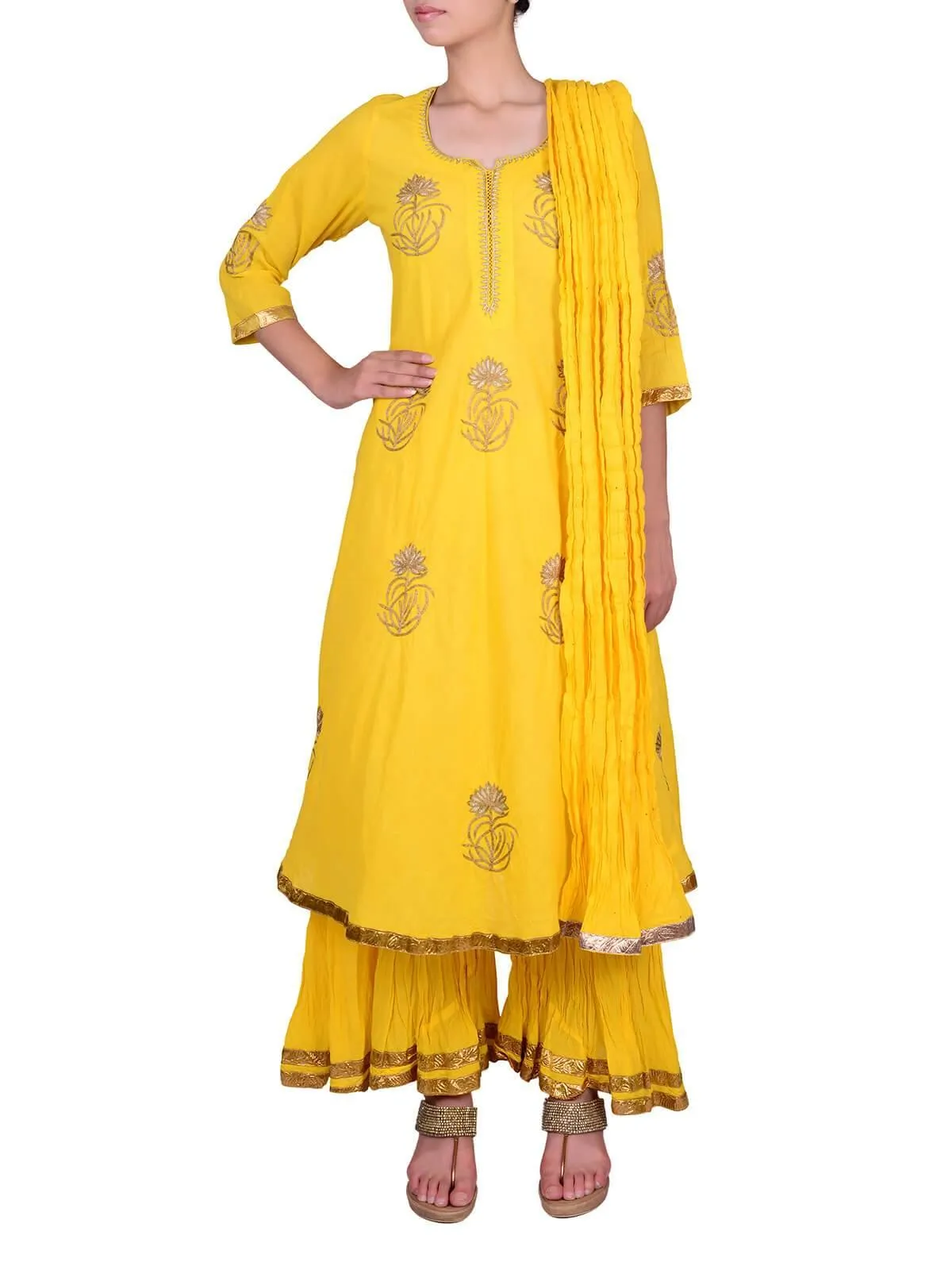 Nazar By Indu Abbot - Marigold Yellow Kalamkari Embroidered Kurta With Sharara Pants