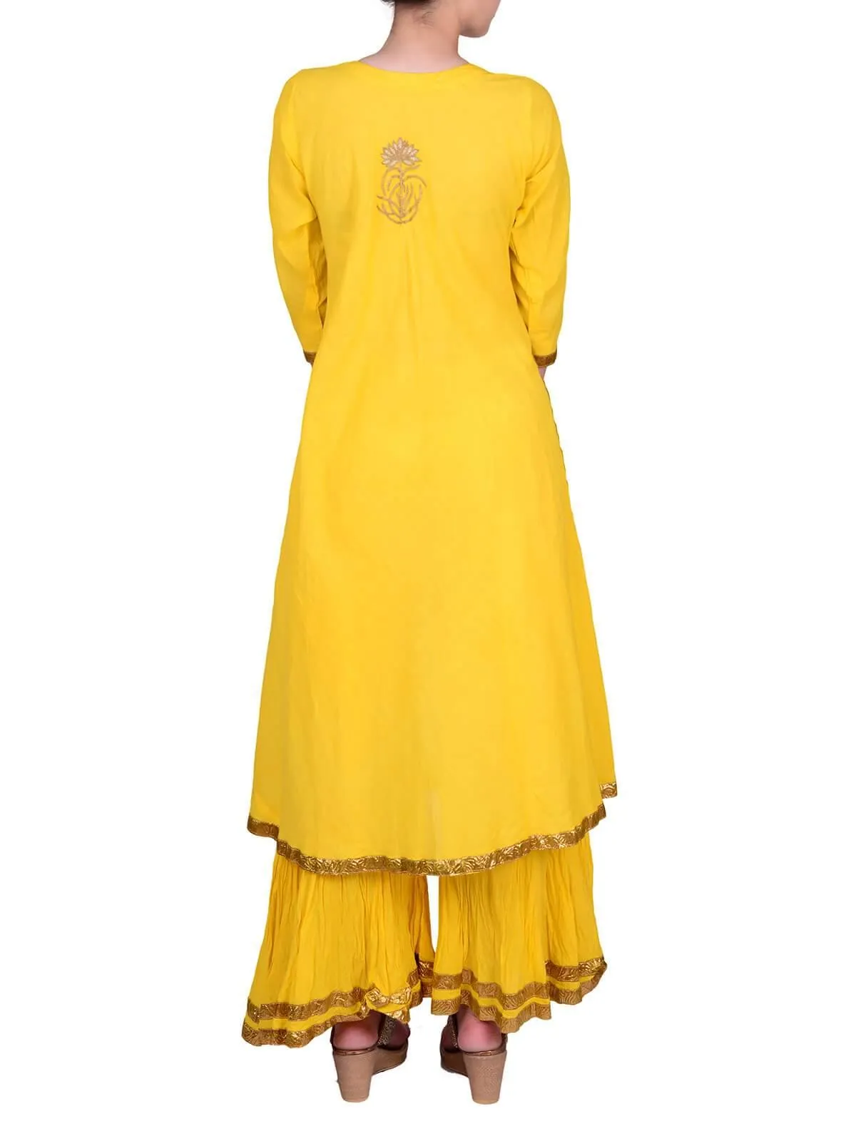 Nazar By Indu Abbot - Marigold Yellow Kalamkari Embroidered Kurta With Sharara Pants