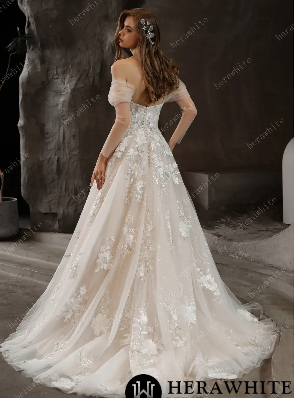 Off-The-Shoulder Romantic Wedding Ball Gown with Glamorous Floral Motifs