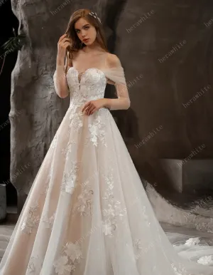 Off-The-Shoulder Romantic Wedding Ball Gown with Glamorous Floral Motifs