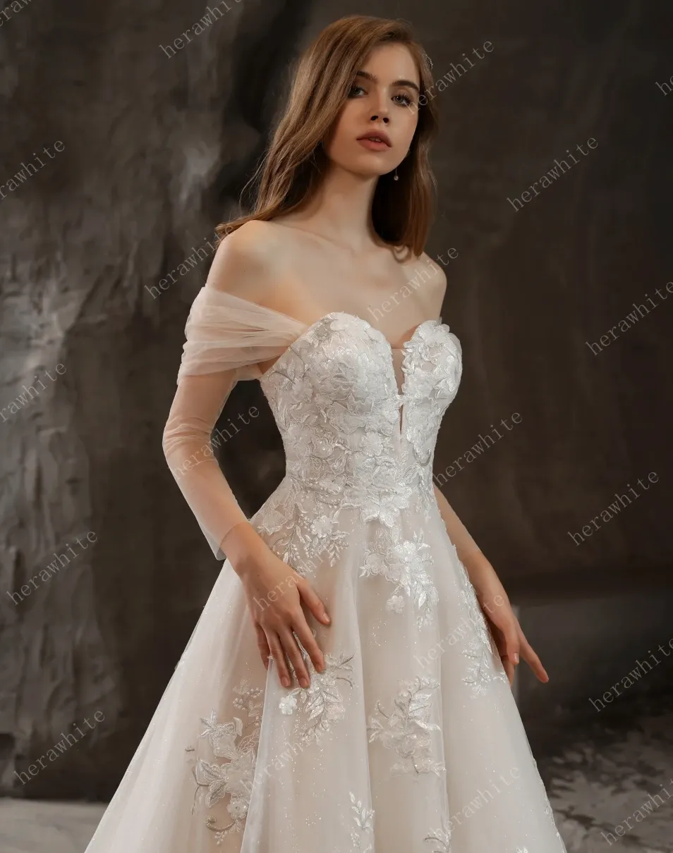 Off-The-Shoulder Romantic Wedding Ball Gown with Glamorous Floral Motifs