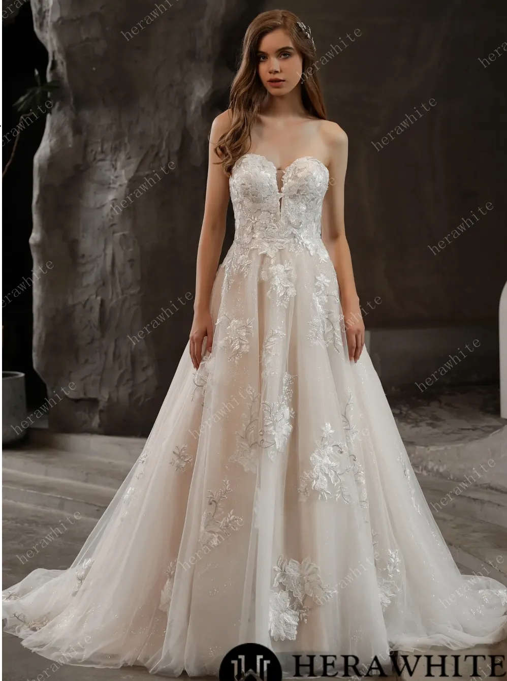 Off-The-Shoulder Romantic Wedding Ball Gown with Glamorous Floral Motifs