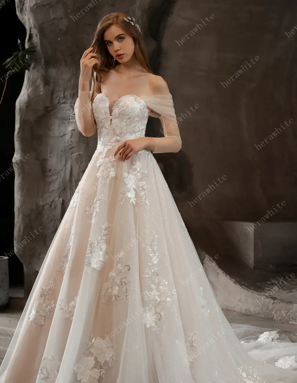 Off-The-Shoulder Romantic Wedding Ball Gown with Glamorous Floral Motifs