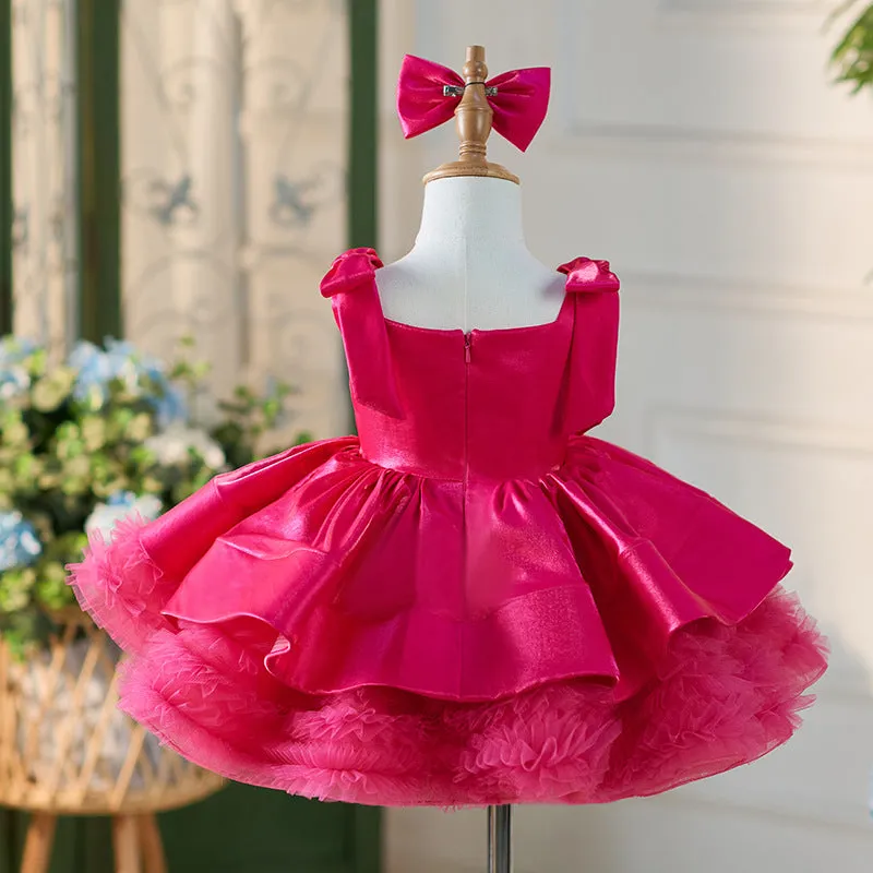 OT005 Girls' High End Satin Fluffy Dress Holidays Kids Square Neckline Children Princess Dresses With Wide Straps