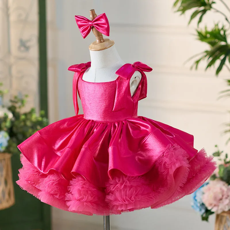 OT005 Girls' High End Satin Fluffy Dress Holidays Kids Square Neckline Children Princess Dresses With Wide Straps