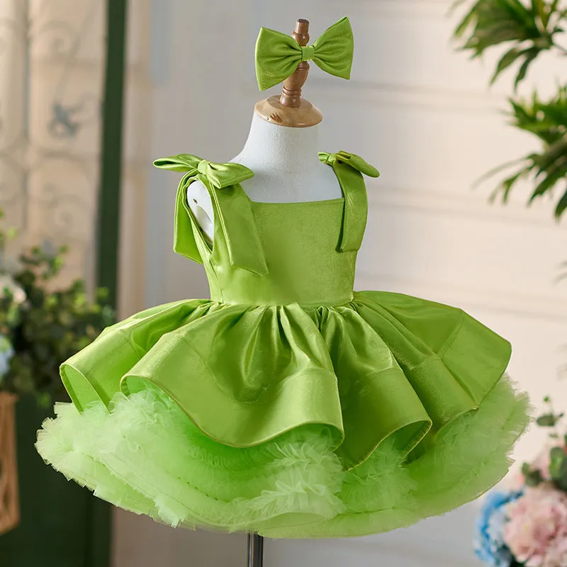 OT005 Girls' High End Satin Fluffy Dress Holidays Kids Square Neckline Children Princess Dresses With Wide Straps