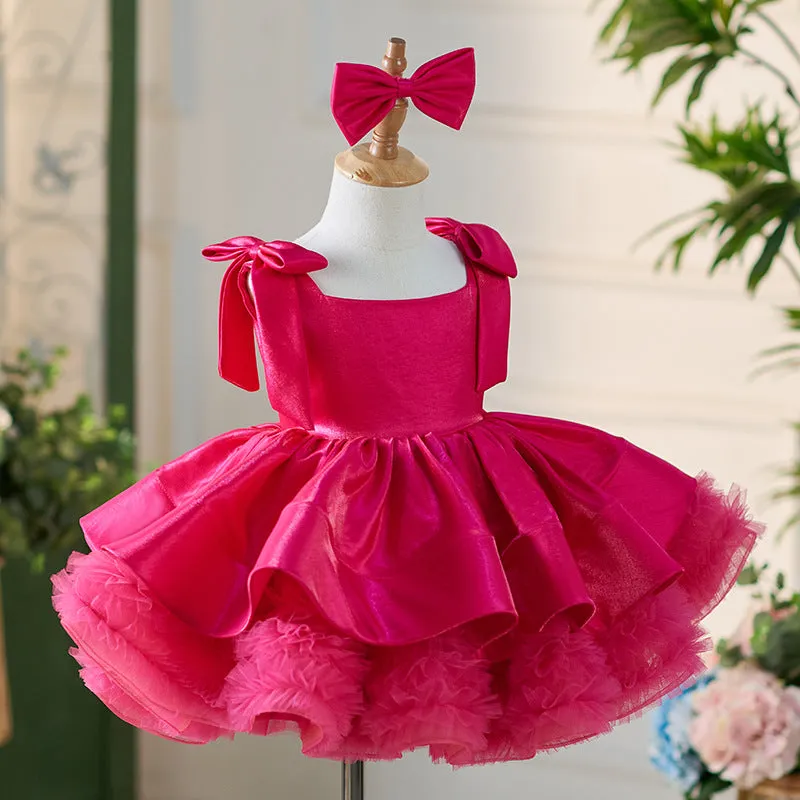 OT005 Girls' High End Satin Fluffy Dress Holidays Kids Square Neckline Children Princess Dresses With Wide Straps