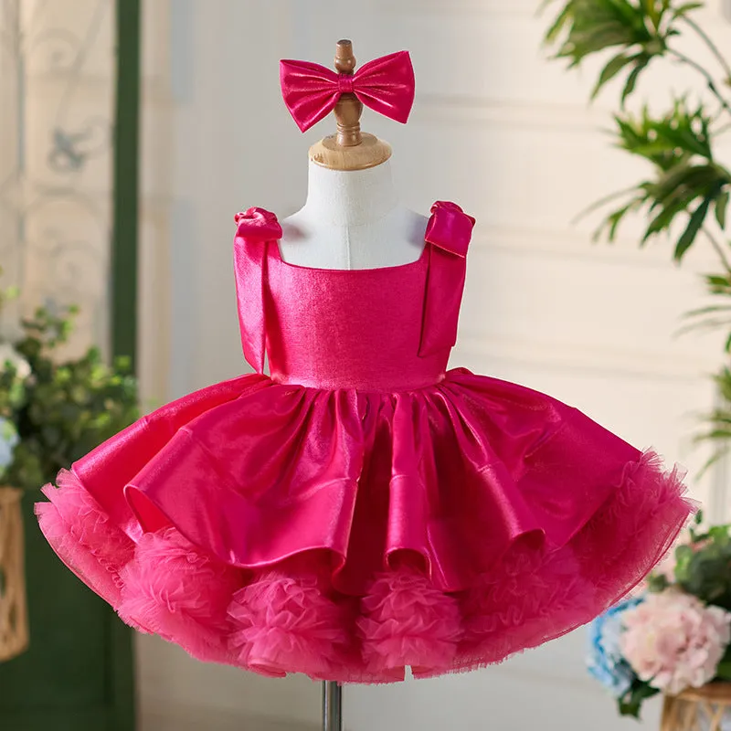 OT005 Girls' High End Satin Fluffy Dress Holidays Kids Square Neckline Children Princess Dresses With Wide Straps