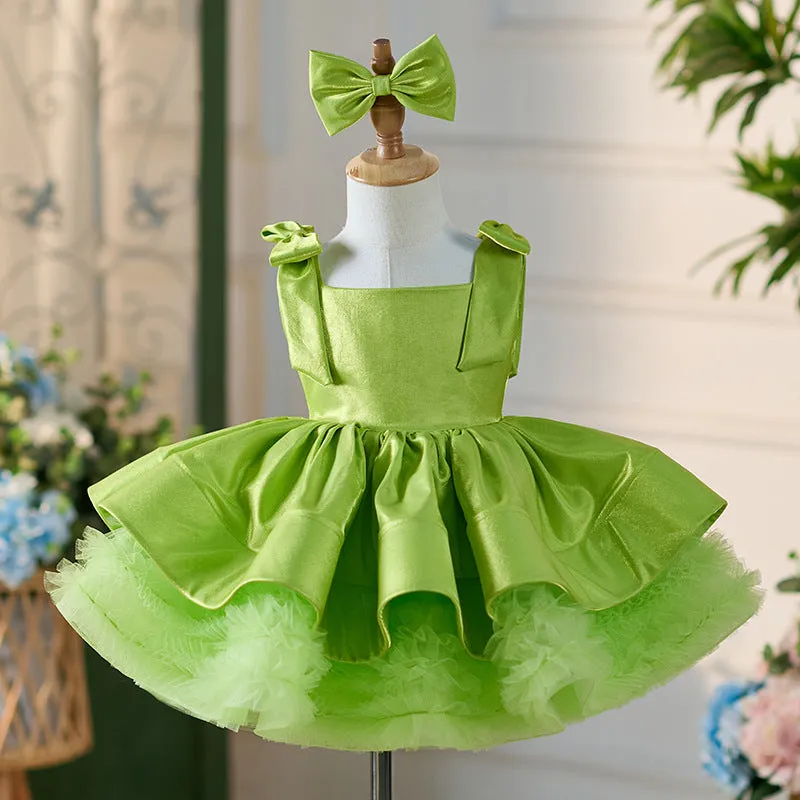 OT005 Girls' High End Satin Fluffy Dress Holidays Kids Square Neckline Children Princess Dresses With Wide Straps