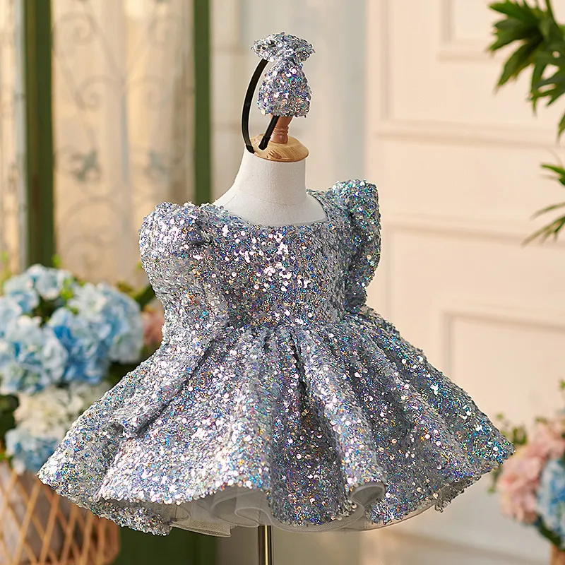 OT015  Newest Kids Party Luxury Ball Gown Long Sleeved Silver Glitter Princess Party Dress Flower Girls Wedding Puffy Dresses