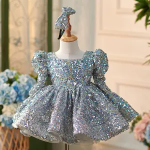 OT015  Newest Kids Party Luxury Ball Gown Long Sleeved Silver Glitter Princess Party Dress Flower Girls Wedding Puffy Dresses