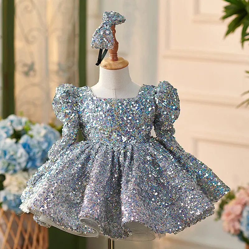 OT015  Newest Kids Party Luxury Ball Gown Long Sleeved Silver Glitter Princess Party Dress Flower Girls Wedding Puffy Dresses