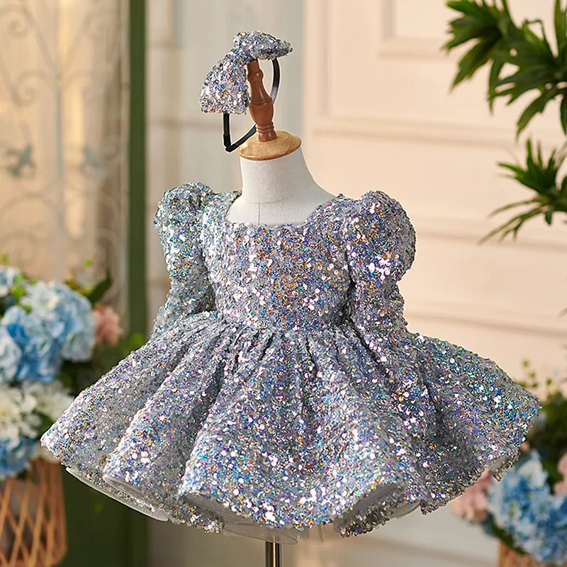 OT015  Newest Kids Party Luxury Ball Gown Long Sleeved Silver Glitter Princess Party Dress Flower Girls Wedding Puffy Dresses