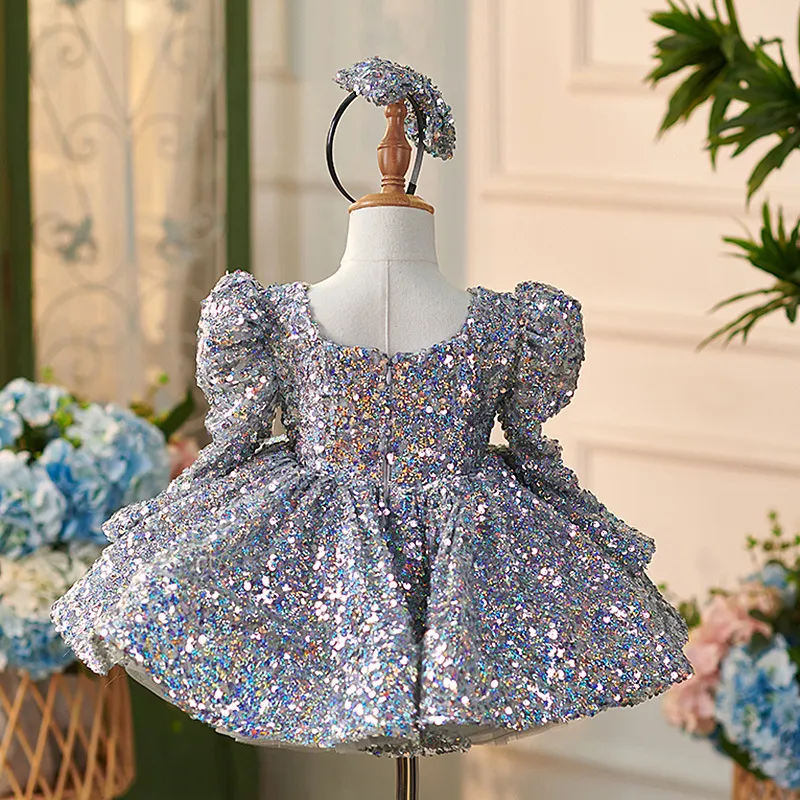 OT015  Newest Kids Party Luxury Ball Gown Long Sleeved Silver Glitter Princess Party Dress Flower Girls Wedding Puffy Dresses