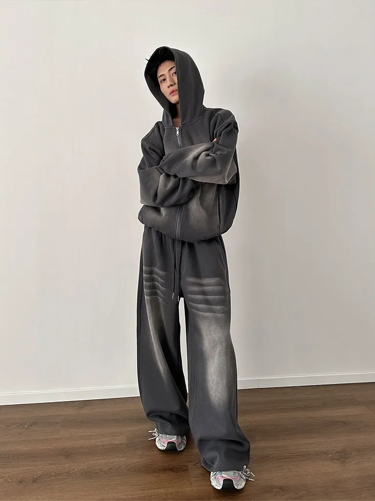 Oversize Short Zipper Hoodie & Wide-leg Gradient straight Sweatpants Setup WN5216