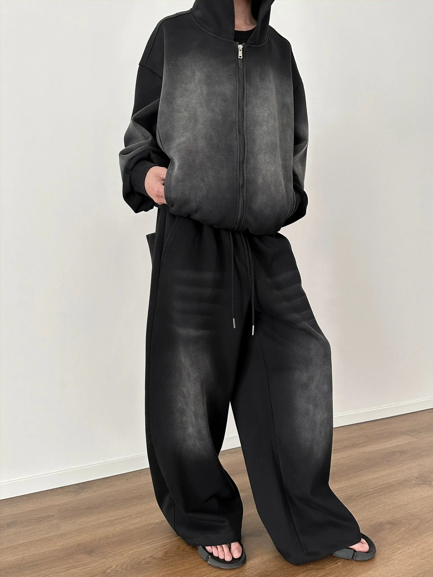 Oversize Short Zipper Hoodie & Wide-leg Gradient straight Sweatpants Setup WN5216