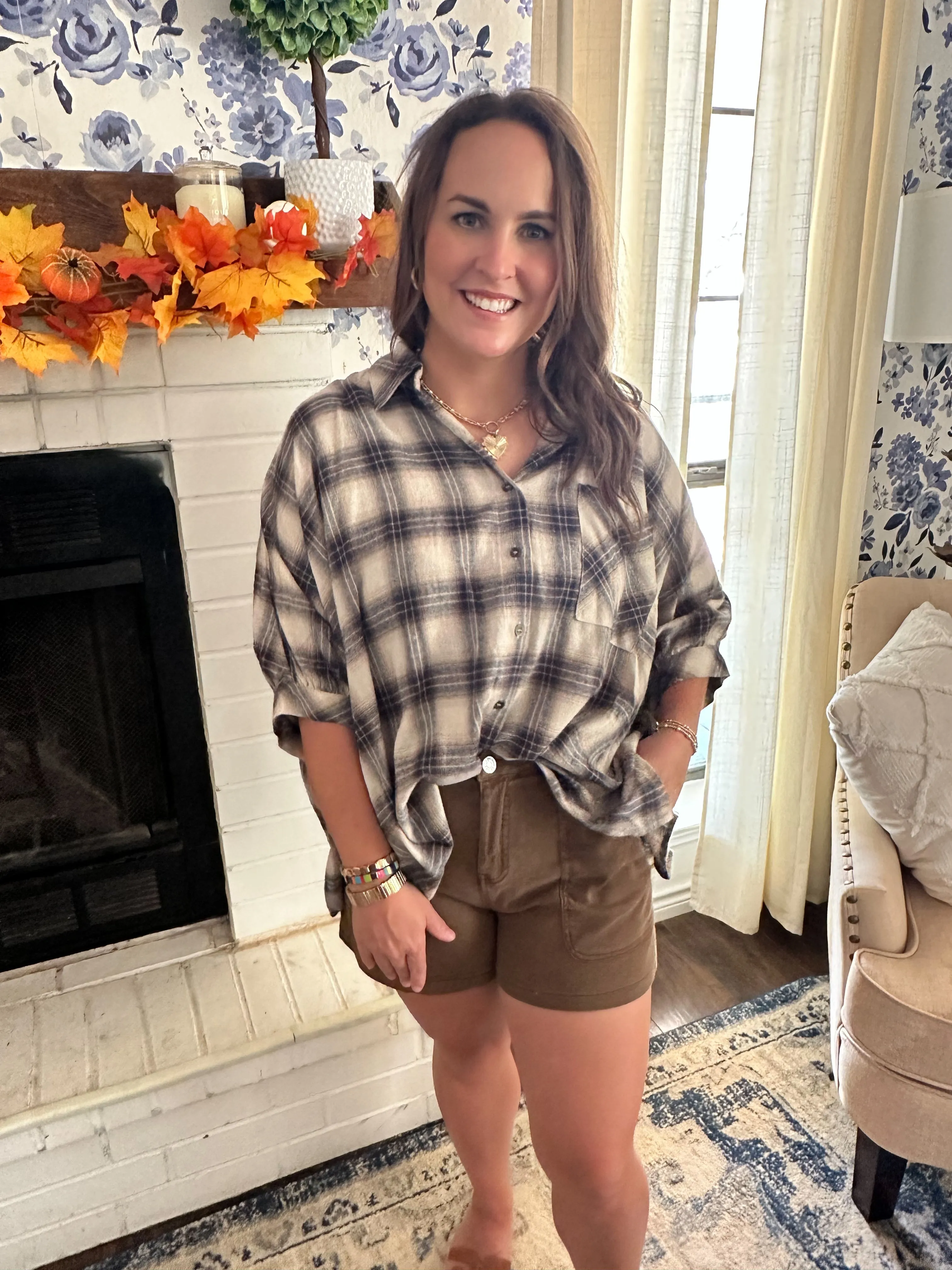 Oversized Plaid Button Down Top- Taupe