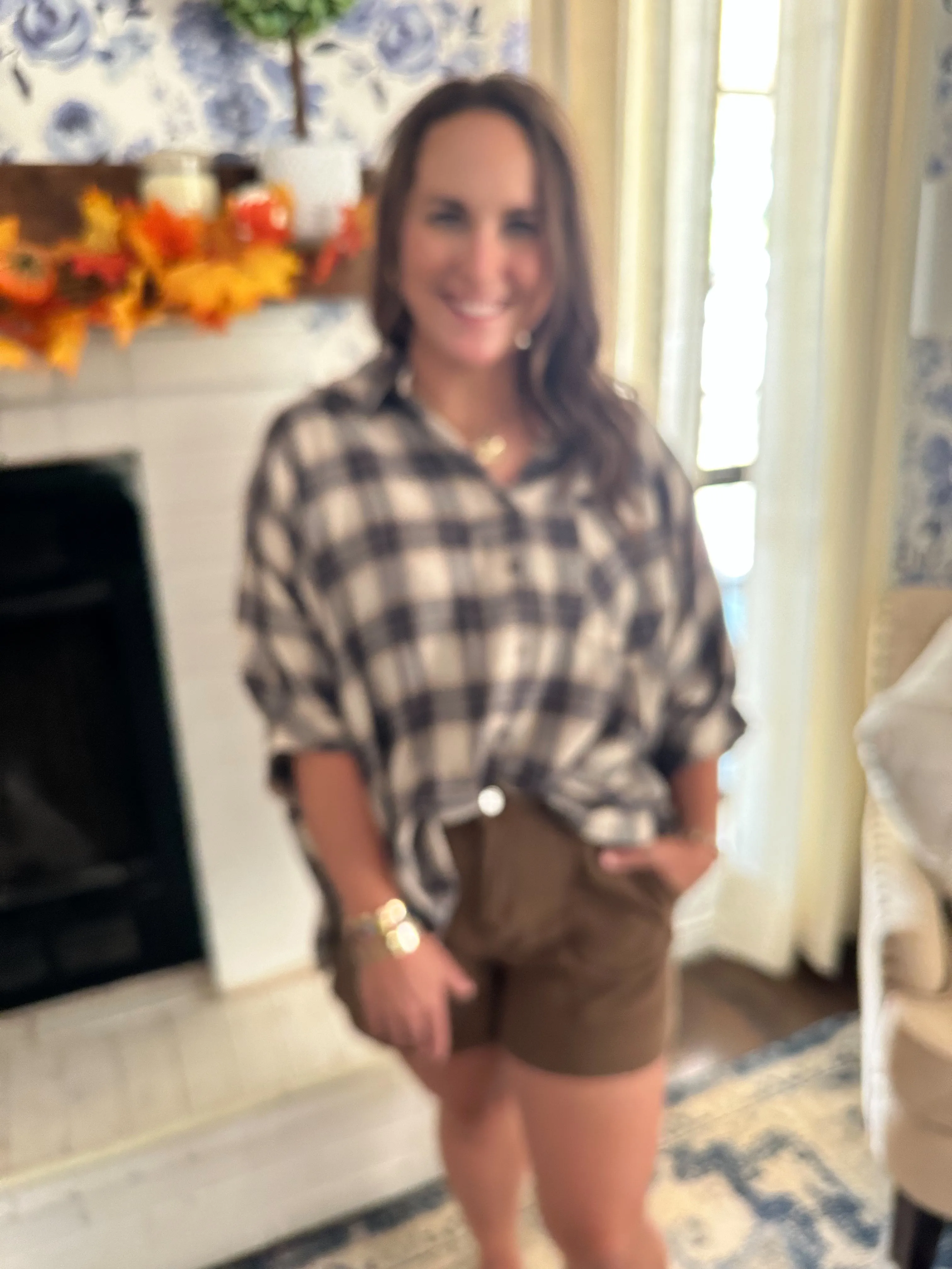 Oversized Plaid Button Down Top- Taupe