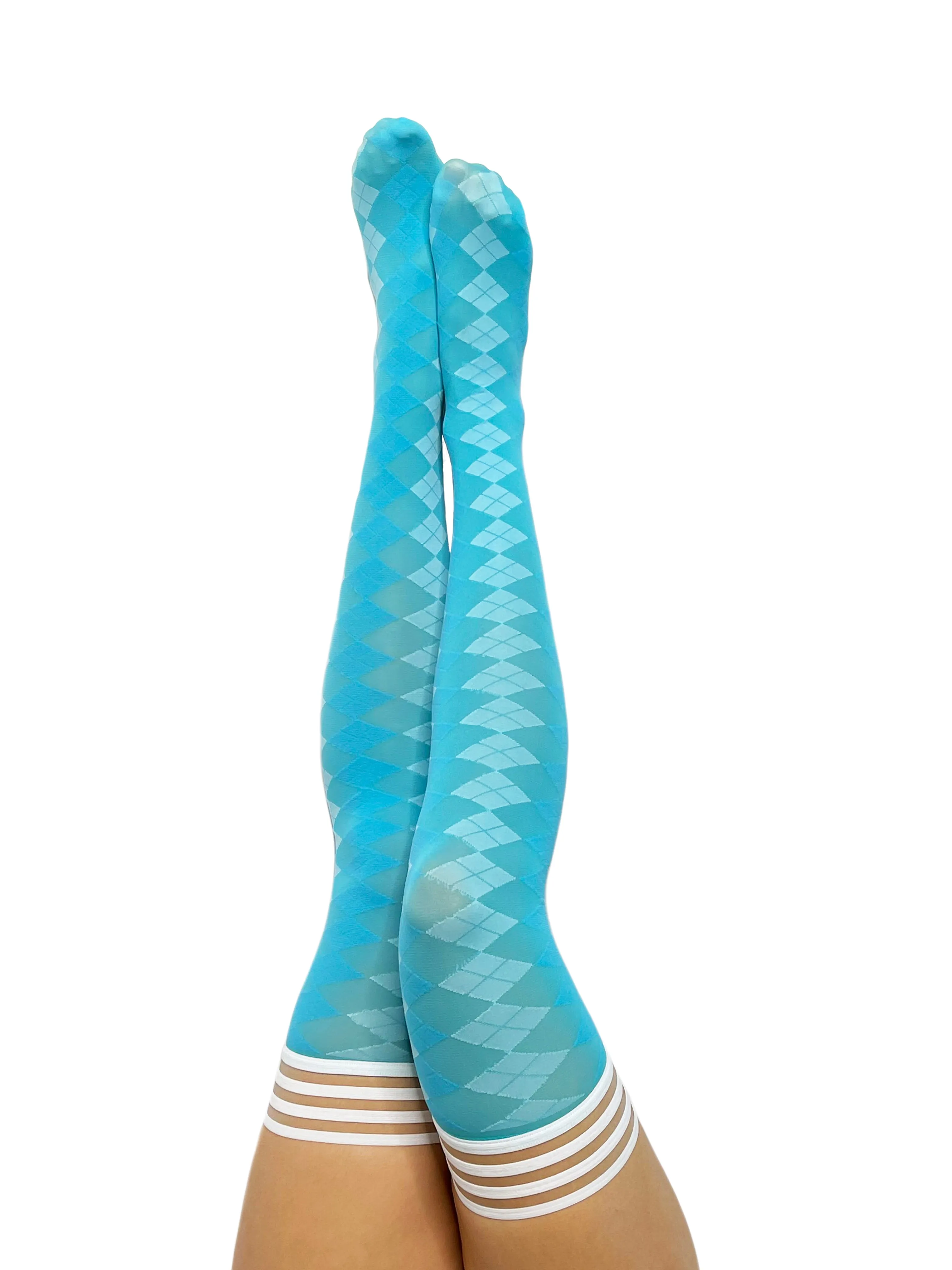 Par 4 - Teal Argyle Thigh Highs. Petite to Plus Size