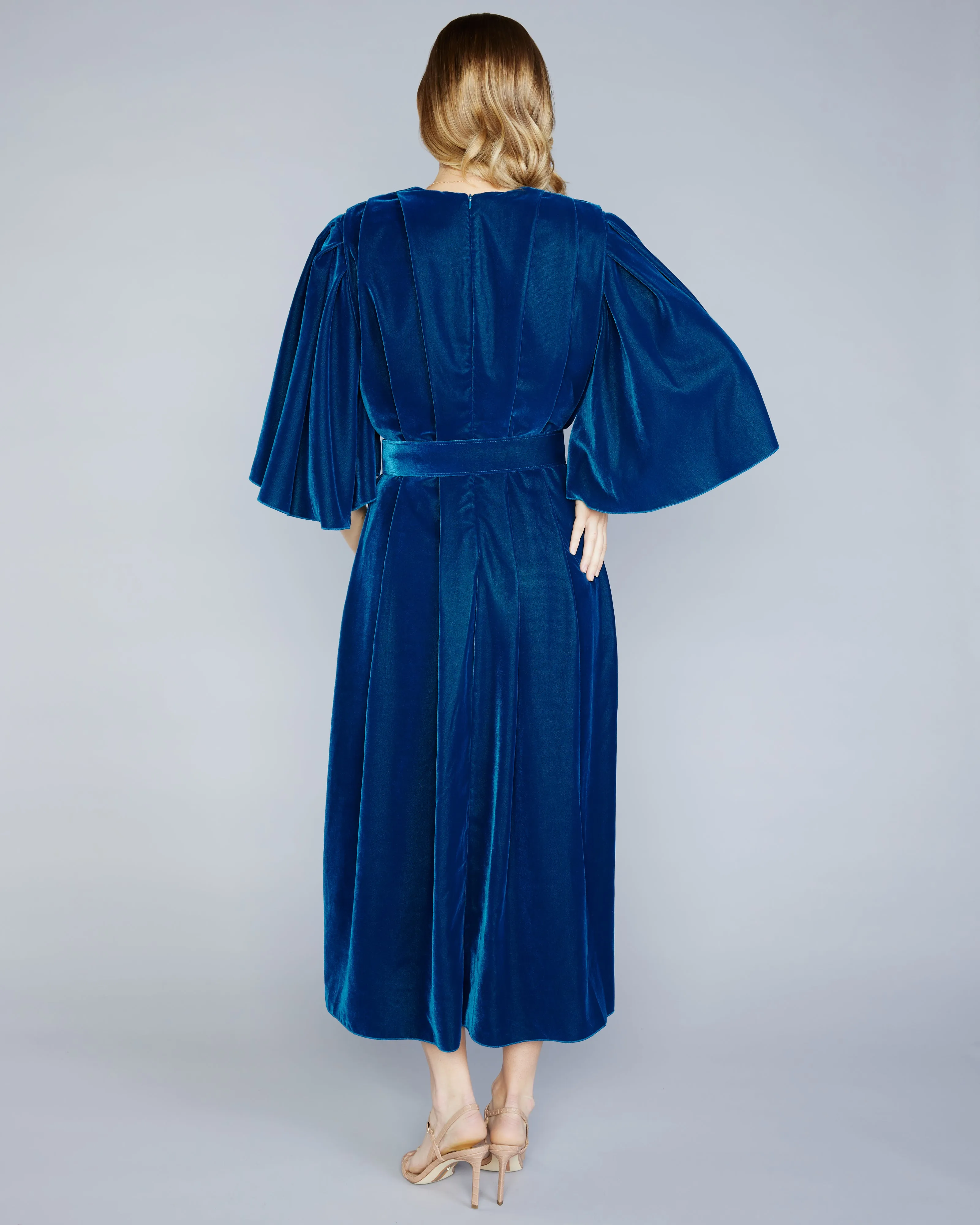 Petrol Flared Sleeves Velvet Dress