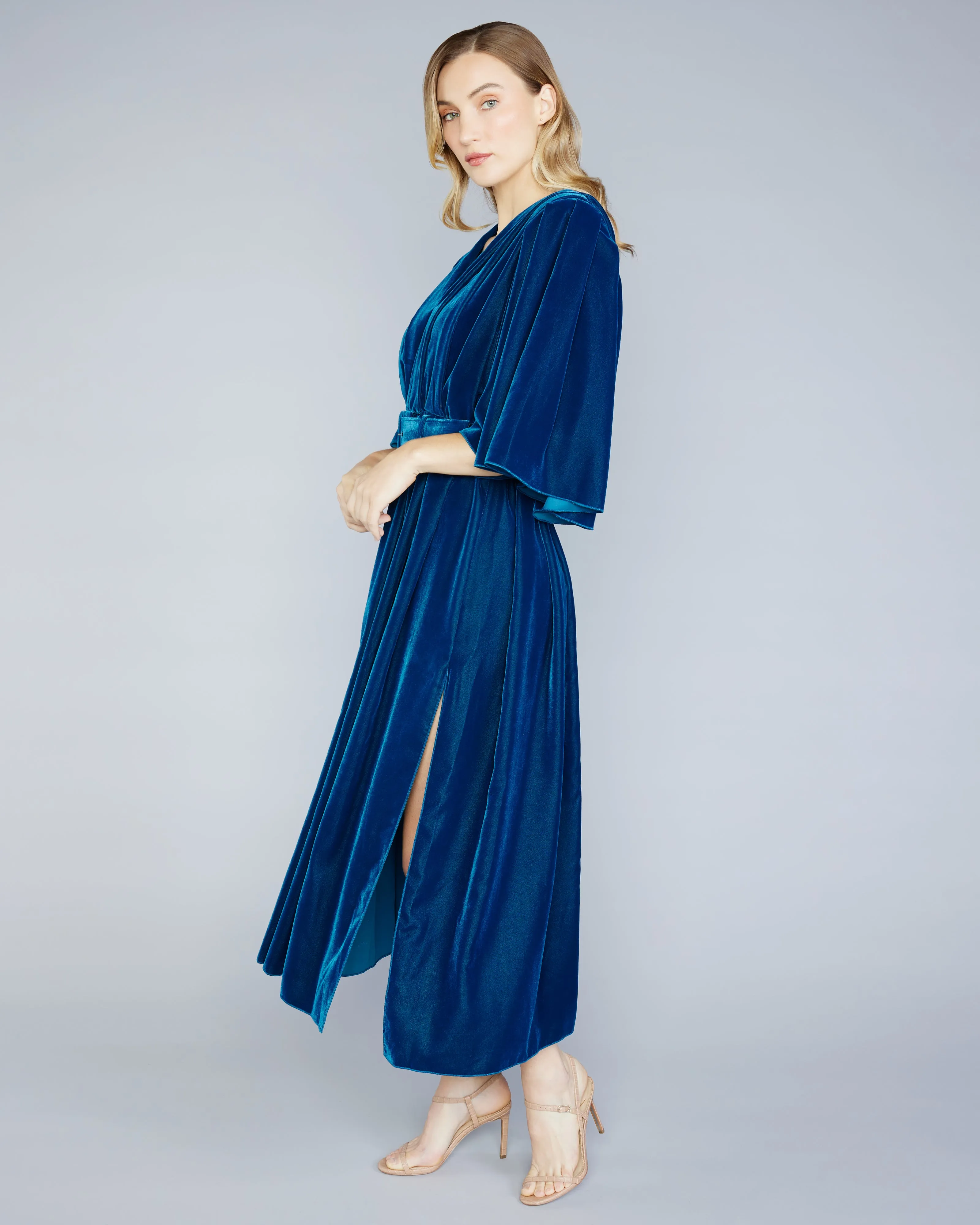 Petrol Flared Sleeves Velvet Dress