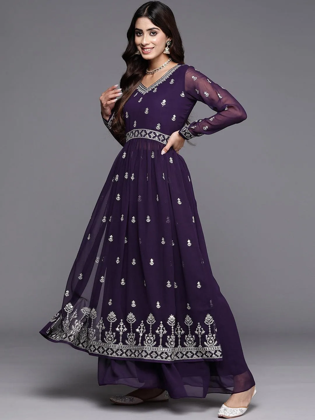 Purple Embroidered Georgette A-Line Kurta With Palazzos & Dupatta