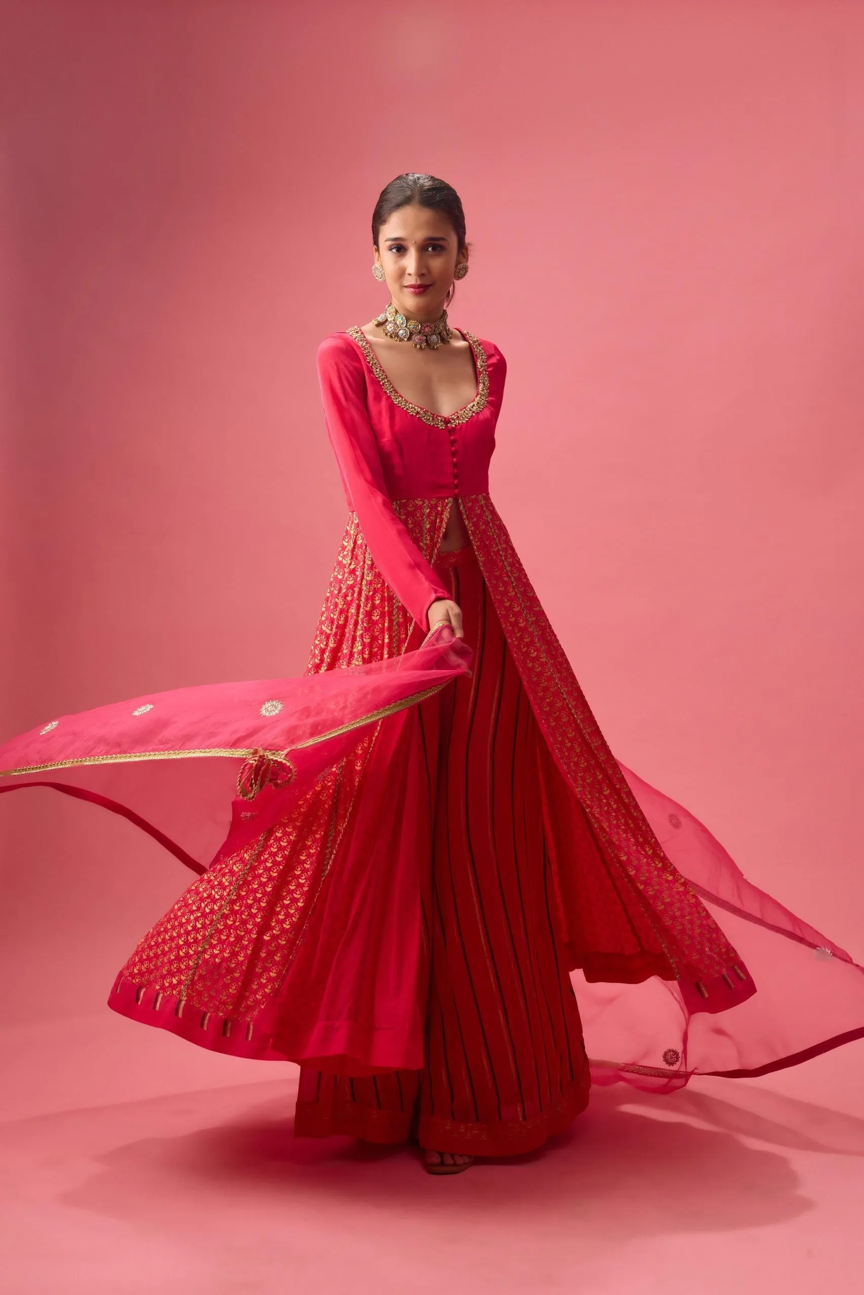 RANI PINK KALIDAR KURTA WITH FLARED PANT AND DUPATTA