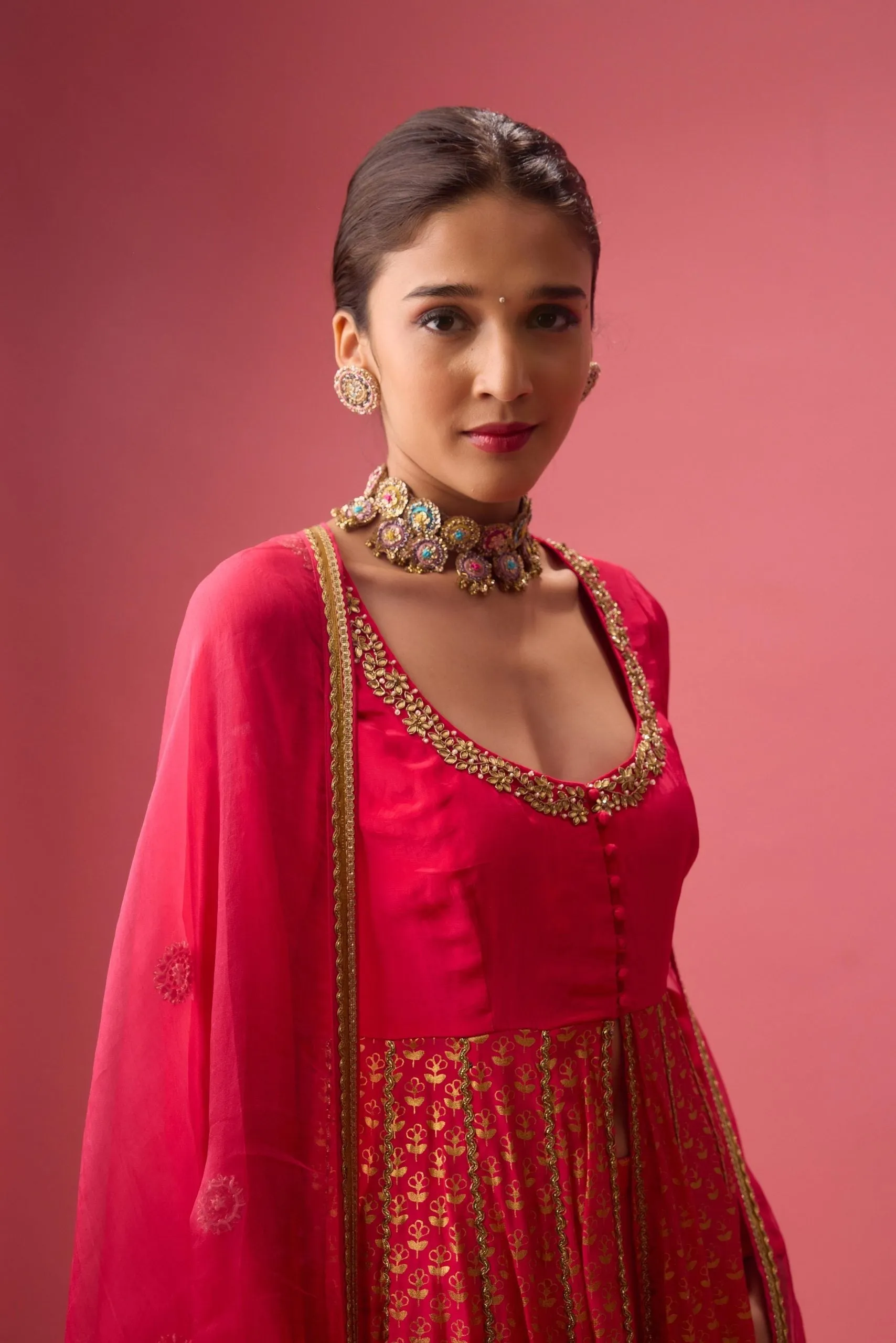 RANI PINK KALIDAR KURTA WITH FLARED PANT AND DUPATTA