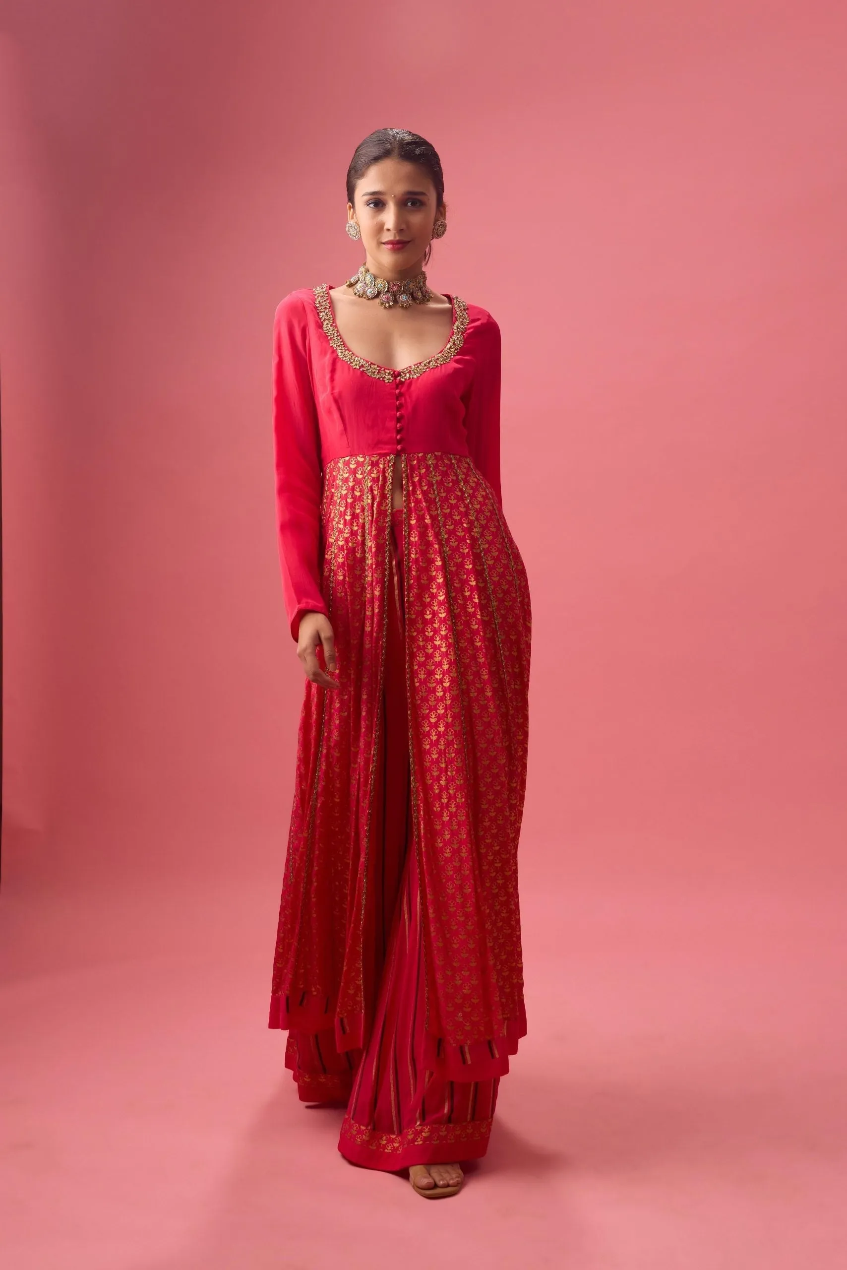 RANI PINK KALIDAR KURTA WITH FLARED PANT AND DUPATTA