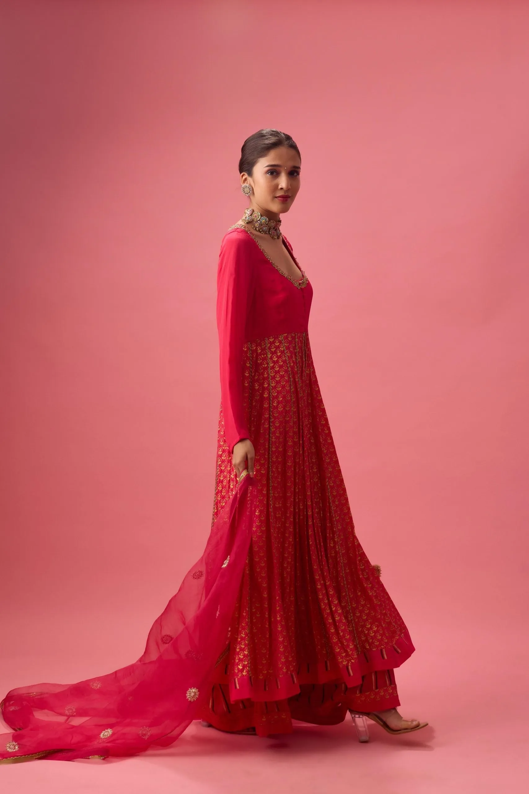 RANI PINK KALIDAR KURTA WITH FLARED PANT AND DUPATTA