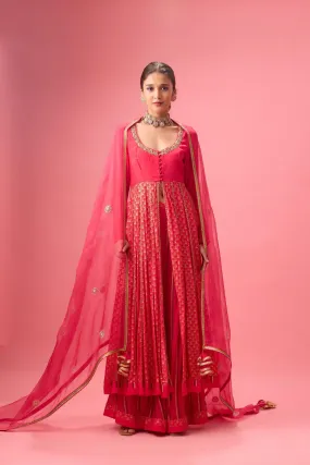 RANI PINK KALIDAR KURTA WITH FLARED PANT AND DUPATTA