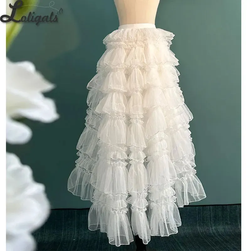 Romantic Ruffled High Low Skirt Sheer Mesh Prom Asymmetrical Underskirt