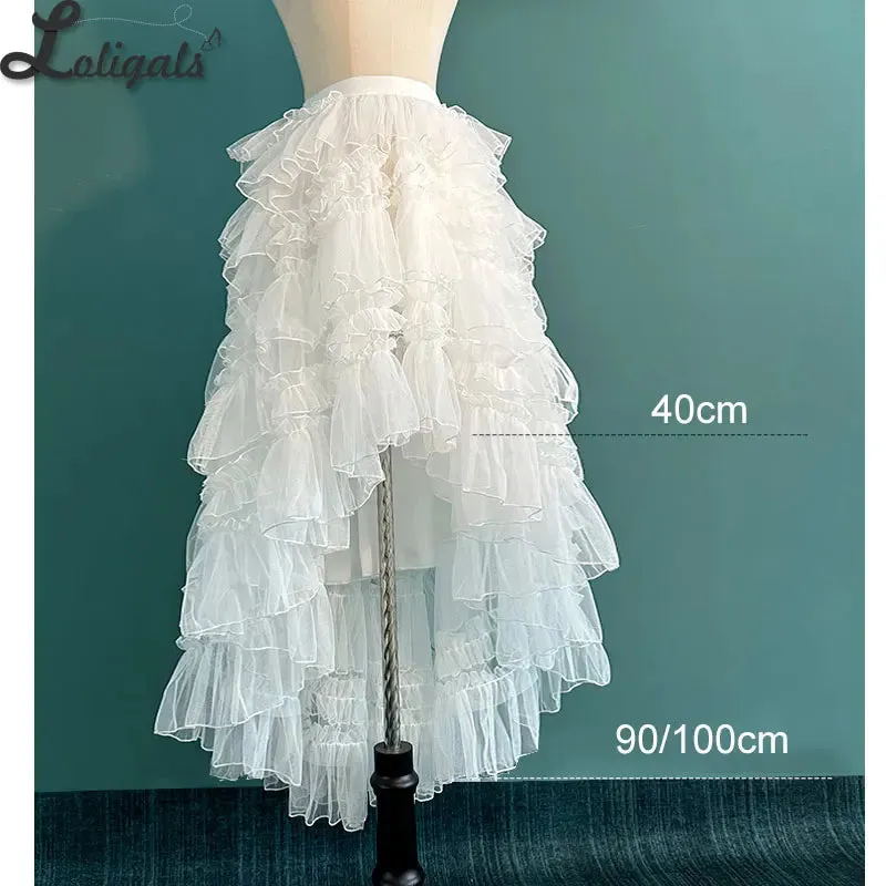 Romantic Ruffled High Low Skirt Sheer Mesh Prom Asymmetrical Underskirt