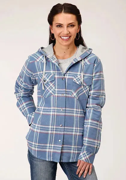 Roper Thermal Flannel Hoodie (Blue) - Women's Flannel Button Down Hoodie Sweatshirt