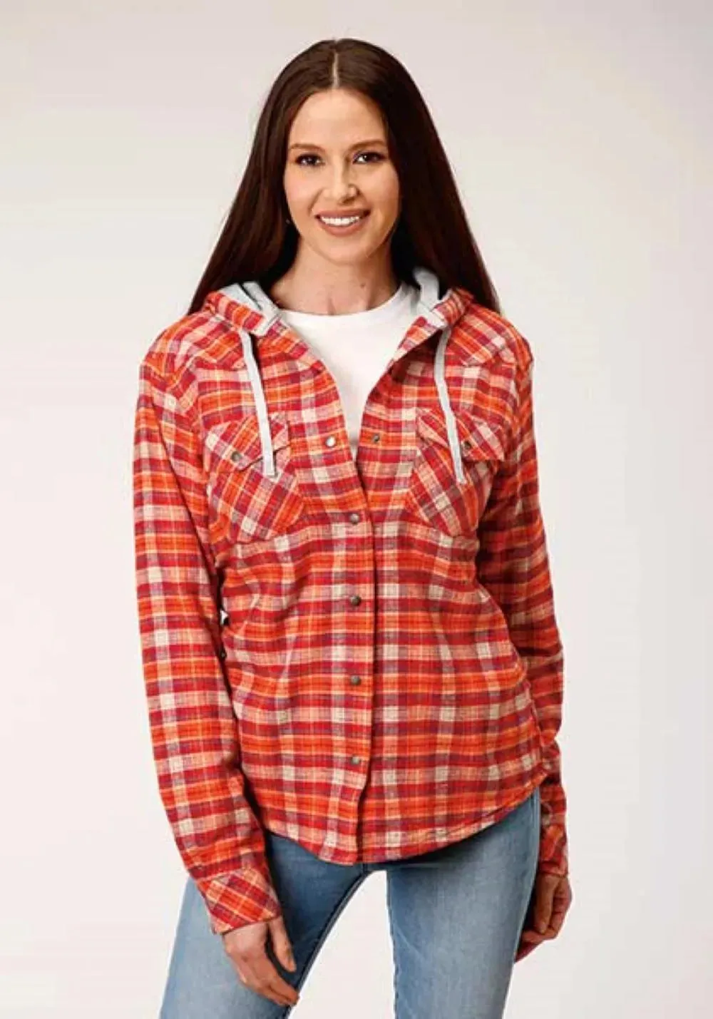 Roper Thermal Flannel Hoodie (Orange) - Women's Flannel Button Down Hoodie Sweatshirt