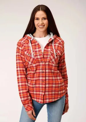 Roper Thermal Flannel Hoodie (Orange) - Women's Flannel Button Down Hoodie Sweatshirt