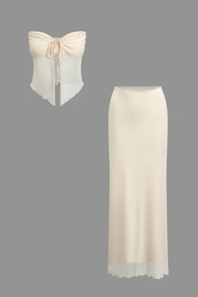 Ruched Sleeveless Double-Layered Mesh Split Strapless Top And Maxi Skirt Set