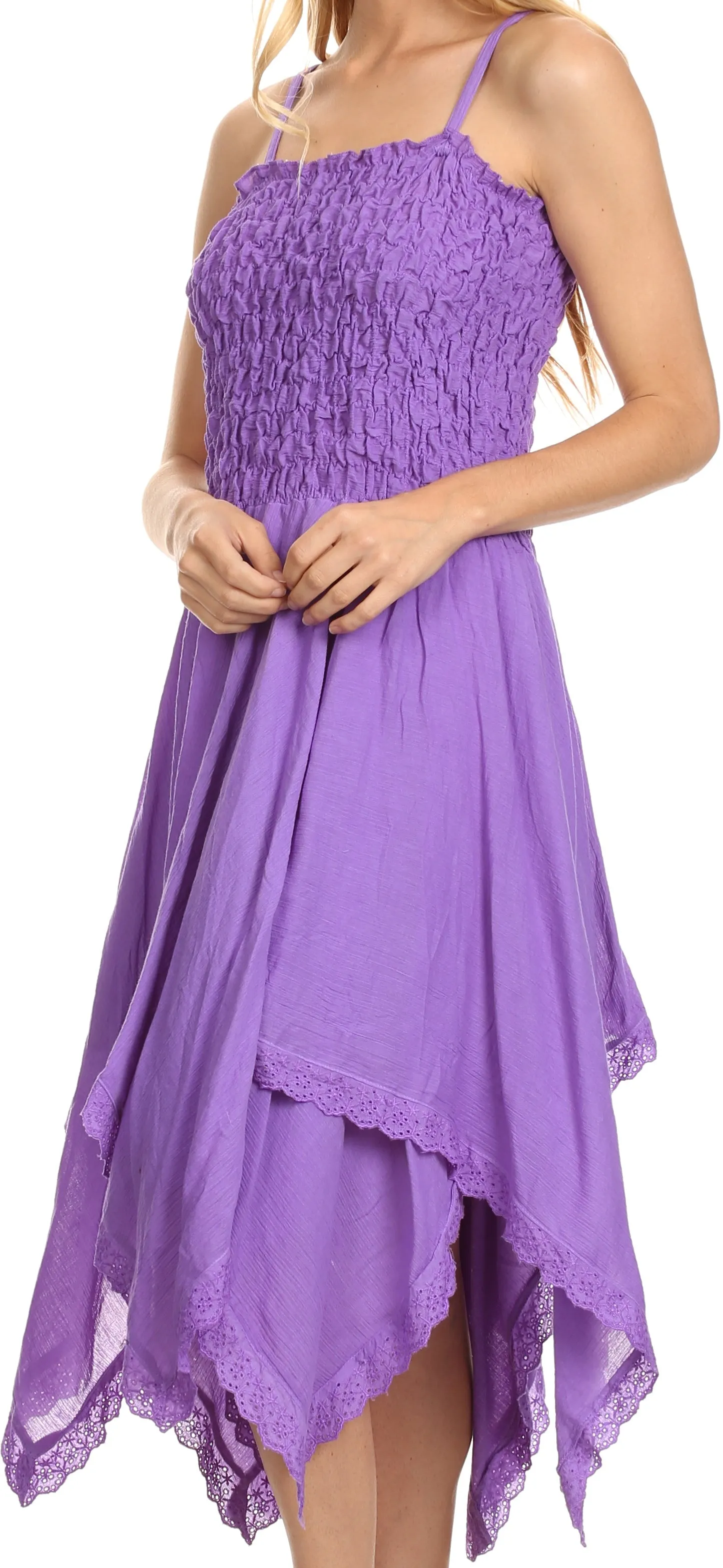 Sakkas Ella Smocked Bodice Spaghetti Strap Double Layered Dress