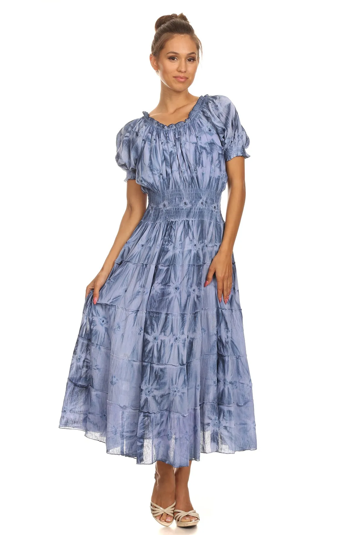 Sakkas Melissa Two Tone Dyed Tiered Smocked Waist Long Dress With Short Sleeves