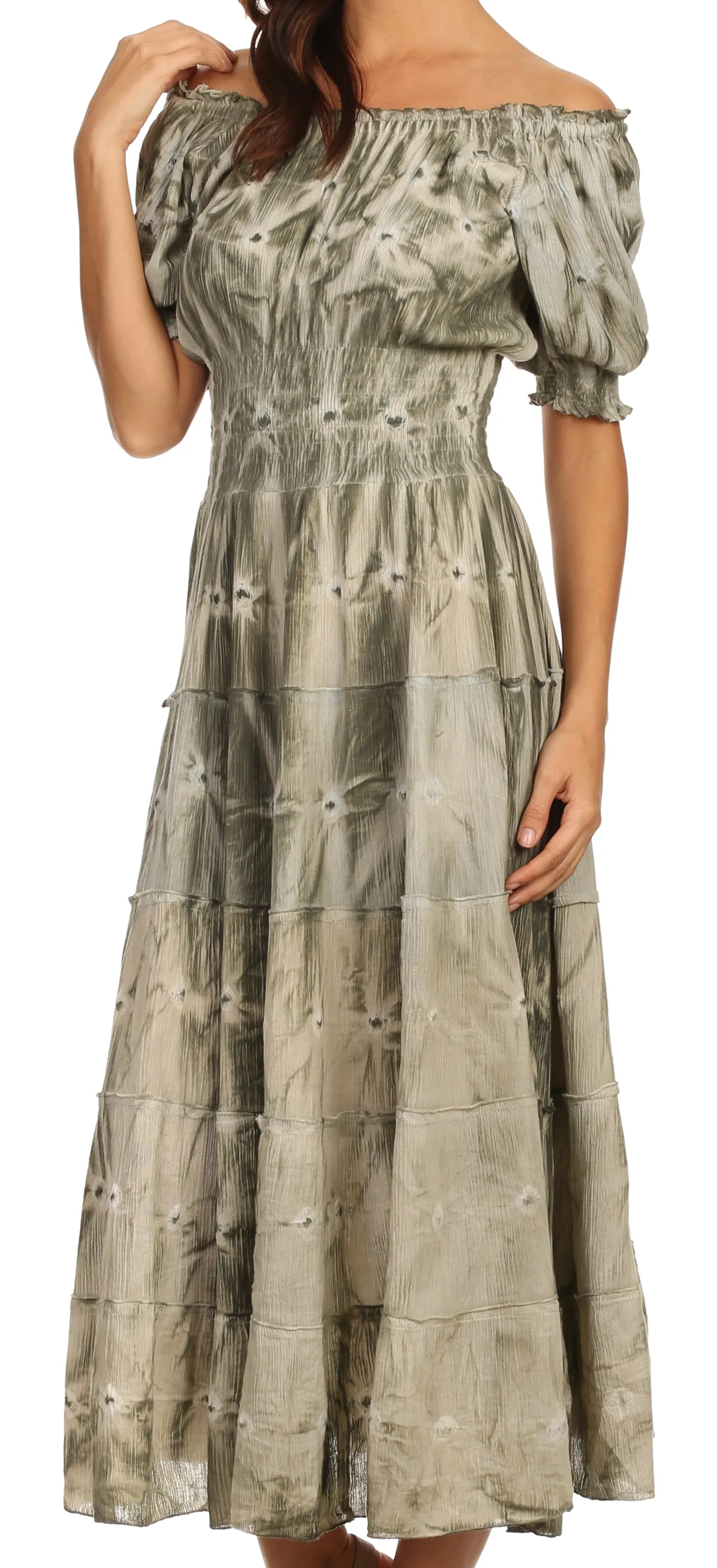 Sakkas Melissa Two Tone Dyed Tiered Smocked Waist Long Dress With Short Sleeves